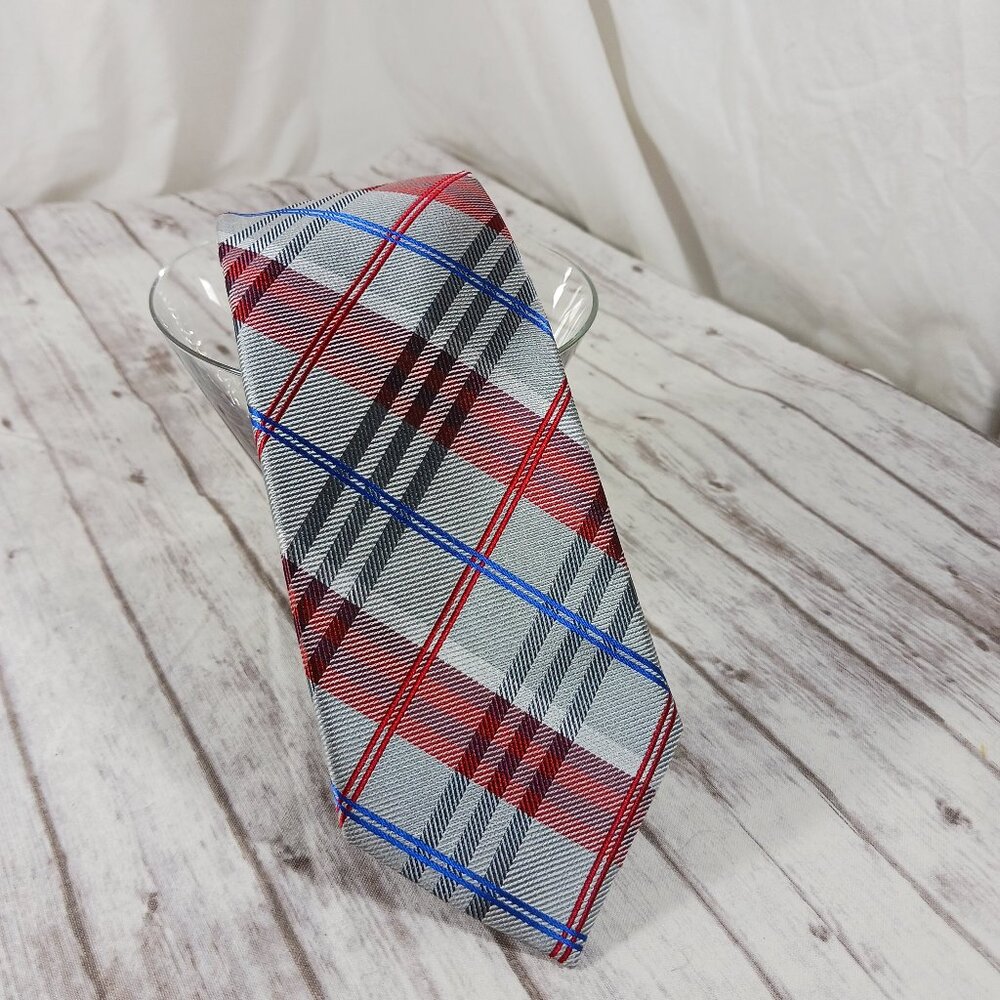Perry Ellis Portfolio Men's Silk Necktie Red Gray Blue Plaid NWOT 59x3"
